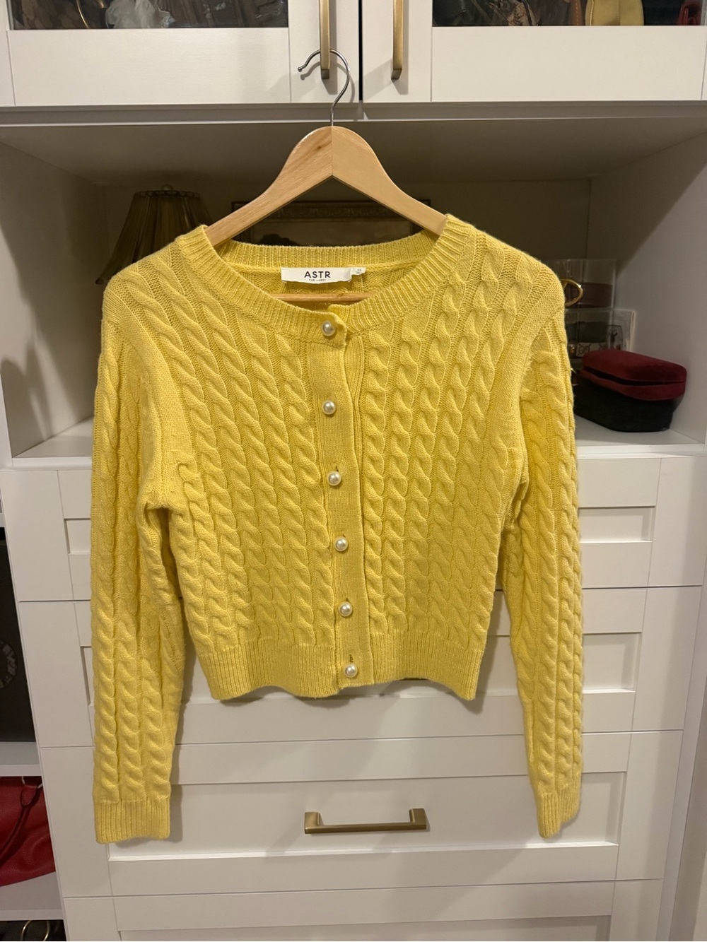 ASTR Pale Yellow Cable Knit Pearl Button Cardigan - Picture 2 of 6